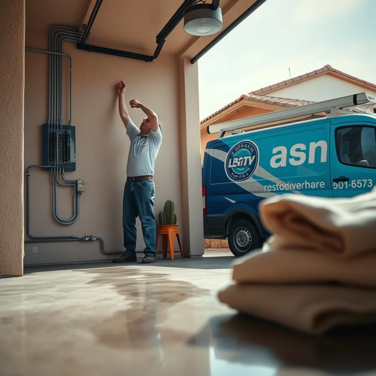 Homeowner switching off the breaker panel with water on the floor of a Tempe home