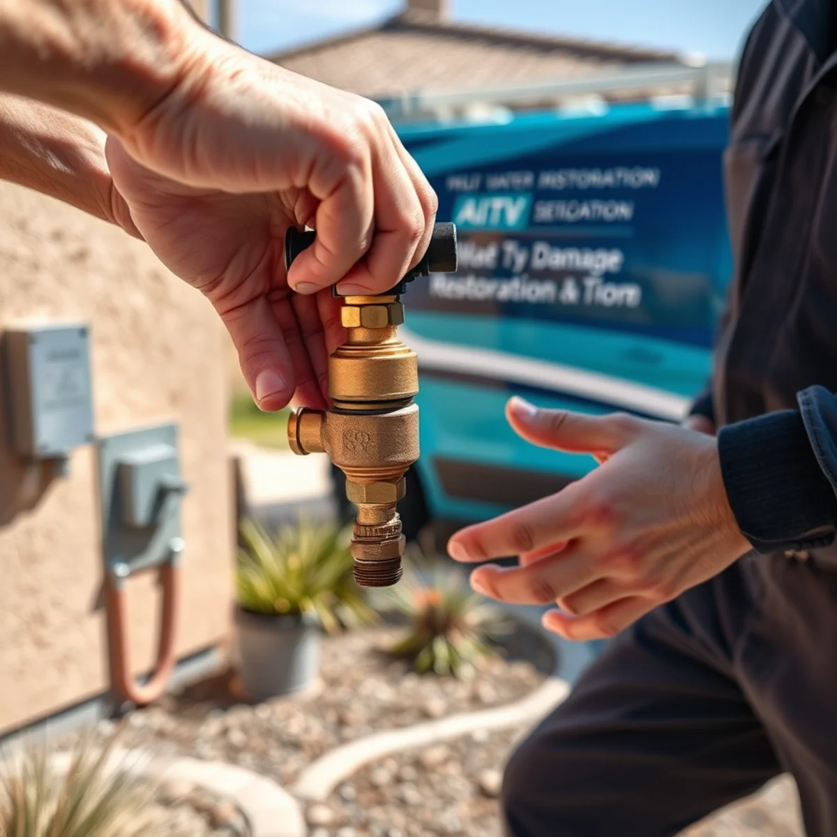 Hands turning off the main water shutoff valve in an Arizona home