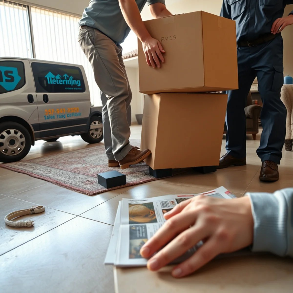 Moving furniture and boxes off a wet floor in a flooded Tempe living room
