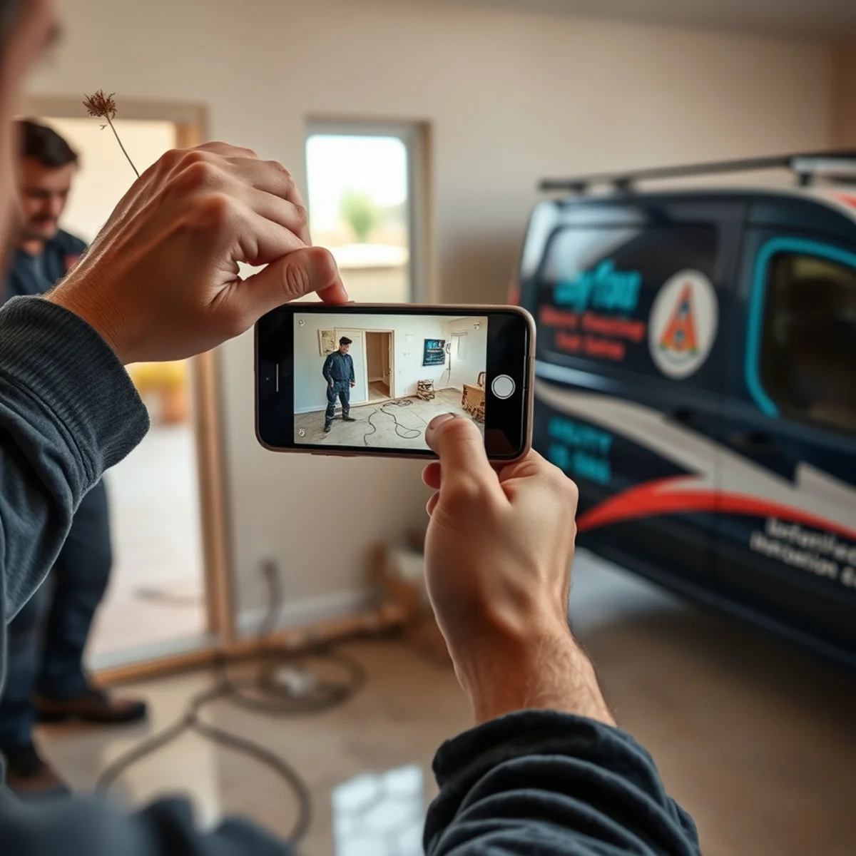 Homeowner photographing burst-pipe water damage on a phone for an insurance claim