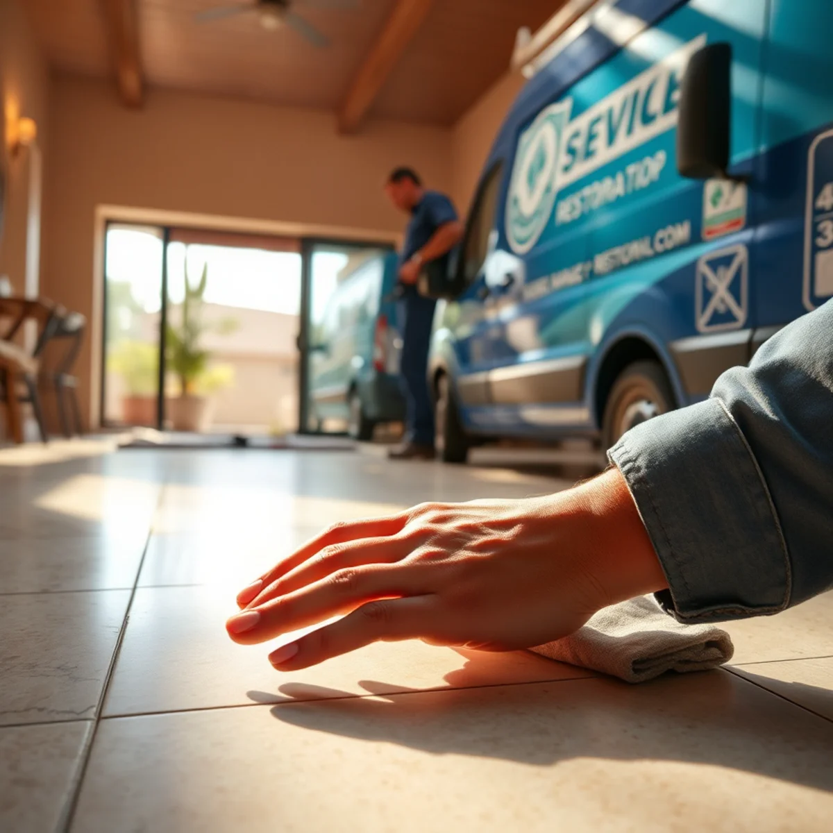 Hand feeling an unexplained warm spot on a tile floor in a Tempe ranch home