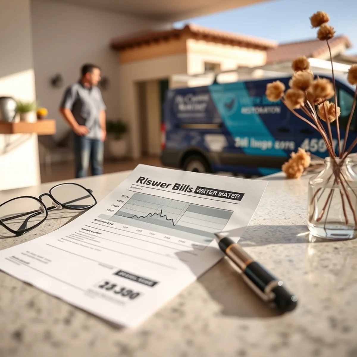 Close-up of a rising municipal water bill on a kitchen counter