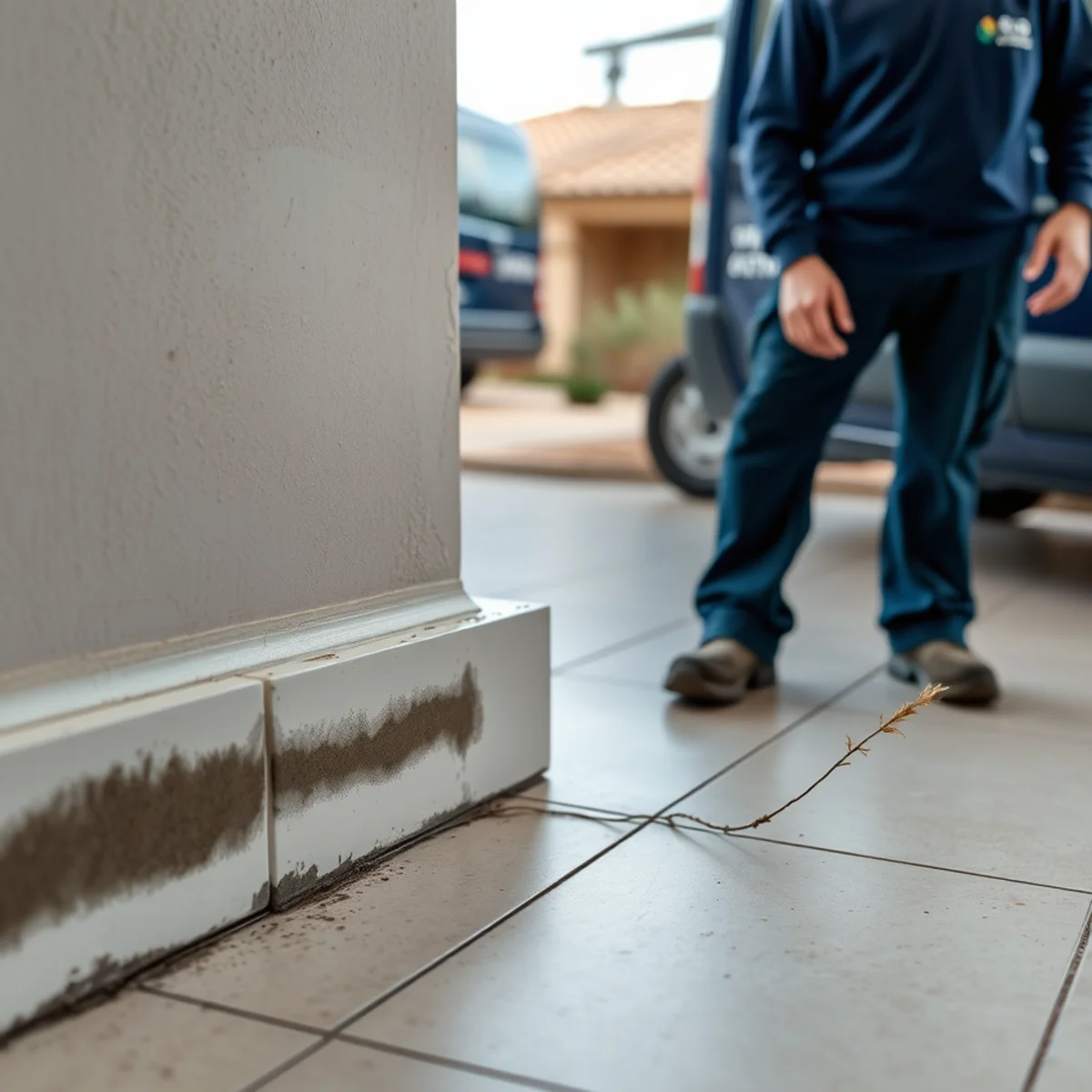 Musty mold spotting along a baseboard near the floor from a slab leak