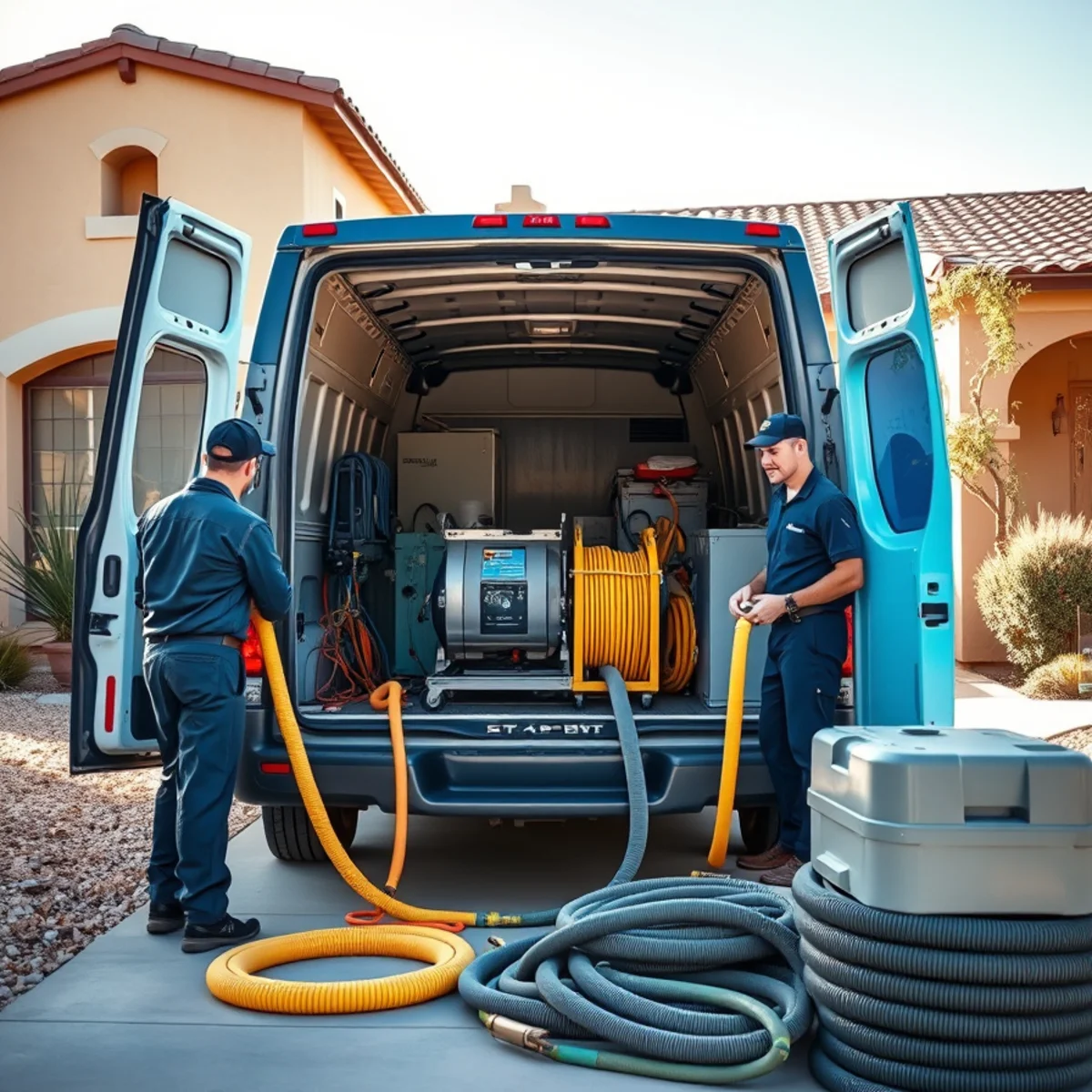 Water damage restoration technicians with drying equipment in a Tempe, AZ home